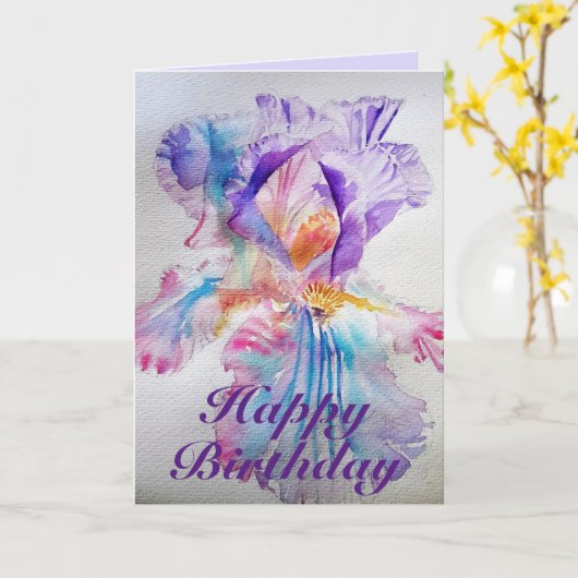 Paarse etherale Iris Waterverf Birthday Kaart (Gele Bloem)
