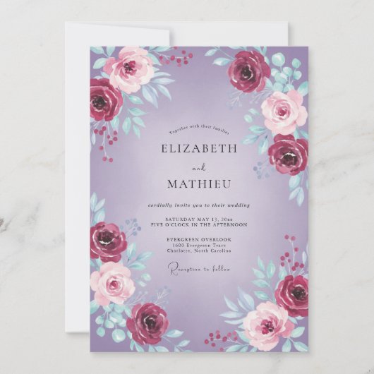 Paarse Ethische Rozen Bruiloft Kaart (Voorkant)