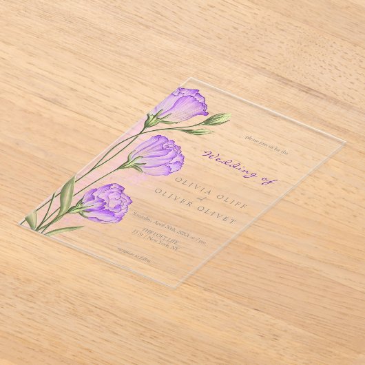 Paarse Eustomas bruiloft Acryl Uitnodigingen (Laagn)