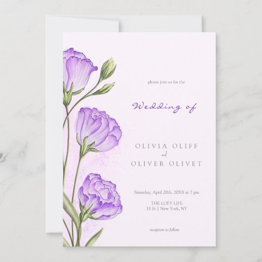 Paarse Eustomas bruiloft Kaart (Voorkant)