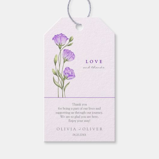 Paarse Eustomas Bruiloft Liefde en Bedankt Cadeaulabel (Voorkant)