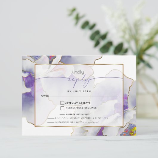 Paarse exotische maaltijdkeuze RSVP kaartje (Staand voorkant)