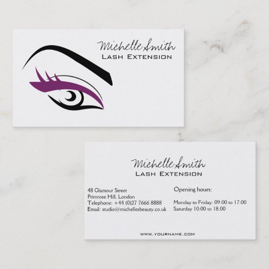Paarse Eye lange wimpers Lash-uitbreidingspictogra Visitekaartje (Voorkant / Achterkant)