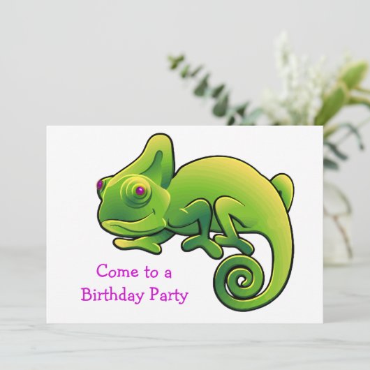 Paarse Eyed Lime Green Chameleon Birthday Party Kaart (Staand voorkant)