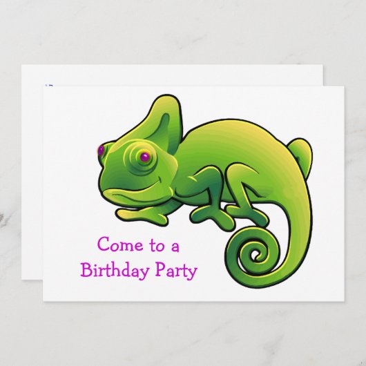 Paarse Eyed Lime Green Chameleon Birthday Party Kaart (Voorkant / Achterkant)