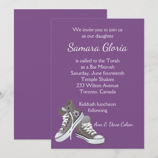 Paarse Fade Star Sneakers Bat Mitzvah Uitnodiging (Voorkant / Achterkant)