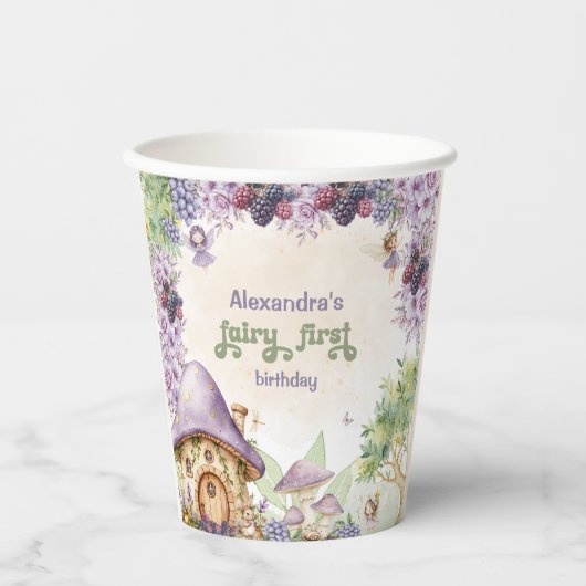 Paarse Fairy First Berry eerste verjaardag Papieren Bekers (Voorkant)