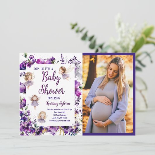 Paarse Fairy Floral Baby shower Fotouitnodiging Kaart (Staand voorkant)