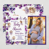 Paarse Fairy Floral Baby shower Fotouitnodiging Kaart (Voorkant / Achterkant)