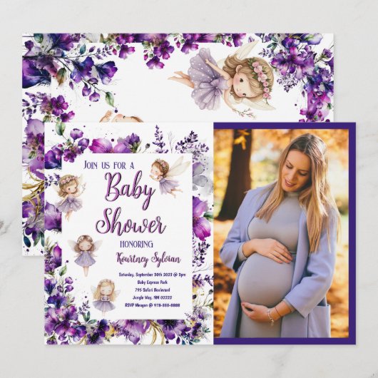 Paarse Fairy Floral Baby shower Fotouitnodiging Kaart (Voorkant / Achterkant)