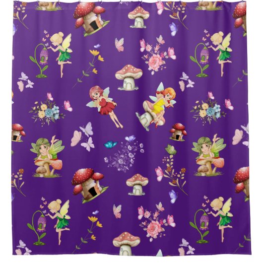 Paarse Fairy Flower Butterfly Mushroom thema Douchegordijn (Voorkant)