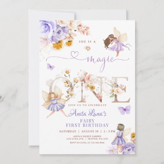 Paarse Fairy Magic ONE Verjaardag Vlinder Magisch Kaart (Voorkant)