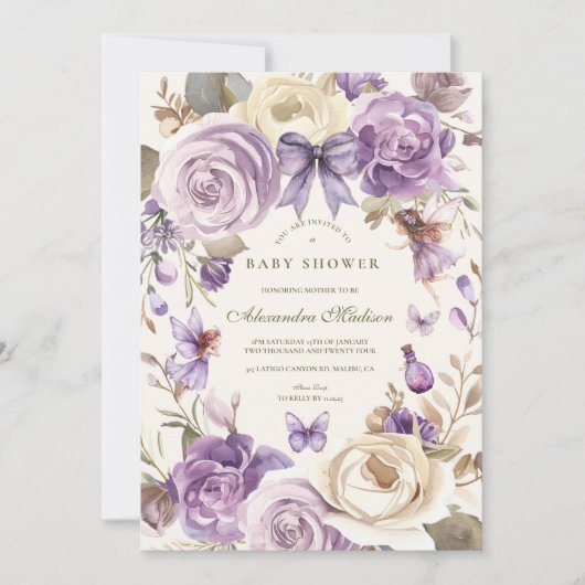 Paarse Fairy Woodland Girl Baby shower Kaart (Voorkant)