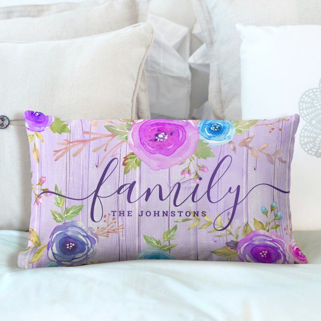 Paarse Familie Bloemen Rustiek Hout waterverf Scri Kussen (Creator heeft geüpload)
