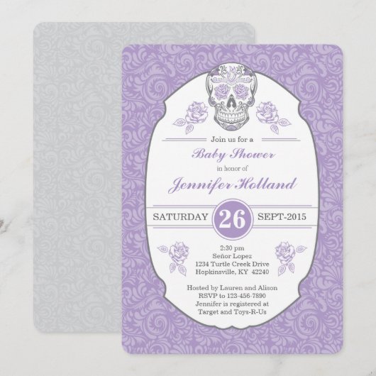 Paarse Fancy Damask Skull Baby shower Uitnodiging (Voorkant / Achterkant)