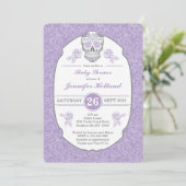 Paarse Fancy Damask Skull Baby shower Uitnodiging (Staand voorkant)