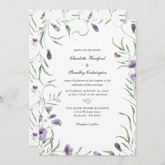 Paarse Fantasie Bloemige Huwelijks Uitnodiging (Voorkant / Achterkant)