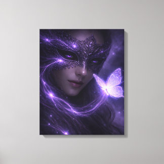 Paarse Fantasie Masker Vrouw met Lichtgevende Vlin Canvas Afdruk