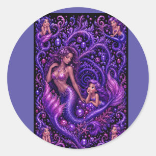 Paarse Fantasie Meermin Duo Oceaan Droom Kunst Pos Ronde Sticker