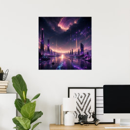 Paarse Fantasie Stadsgezicht Muurkunst Donkere Sci Poster