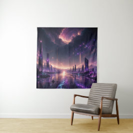 Paarse Fantasie Stadsgezicht Muurkunst Donkere Sci Wandkleed
