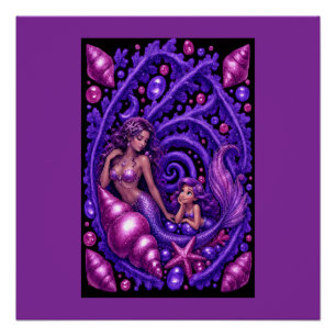 Paarse Fantasie Zeemeermin Duo Oceaan Droom Kunst Perfect Poster