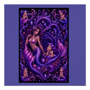 Paarse Fantasie Zeemeermin Duo Oceaan Droom Kunst Perfect Poster