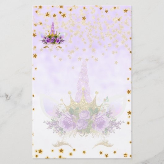 Paarse Fantasy en Golden Stars Unicorn Briefpapier (Voorkant)