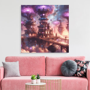 Paarse Fantasy Steampunk Stad Canvas Afdruk