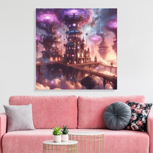 Paarse Fantasy Steampunk Stad Canvas Afdruk (Insitu (Woonkamer))