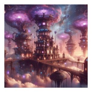 Paarse Fantasy Steampunk Stad Foto Afdruk