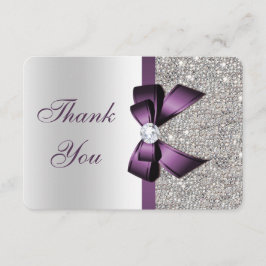 Paarse Faux Bow Silver Sequins Diamond Dank u Bedankkaart