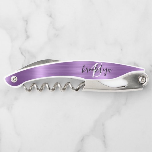 Paarse Faux Brushed Metal Monogram Script Kurkentrekker (Achterkant)