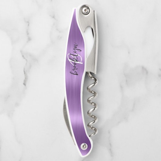 Paarse Faux Brushed Metal Monogram Script Kurkentrekker (Achterkant)