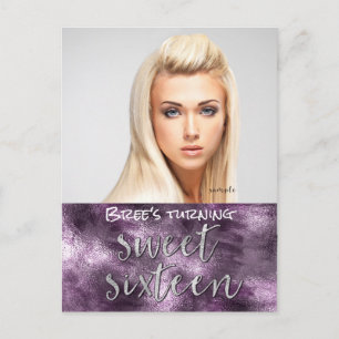Paarse Faux Folie Glamor Foto Sweet 16 Aankondigingskaart