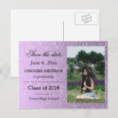 Paarse Faux Glitter Afstuderen Foto Sla de datum o Aankondigingskaart (Voorkant / Achterkant)