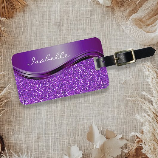 Paarse Faux Glitter Bling Personalized Metal Bagagelabel