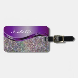 Paarse Faux Glitter Bling Personalized Rainbow Bagagelabel