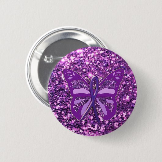 Paarse Faux Glitter Butterfly Awareness Button (Voorkant /achterkant)