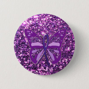 Paarse Faux Glitter Butterfly Awareness Button