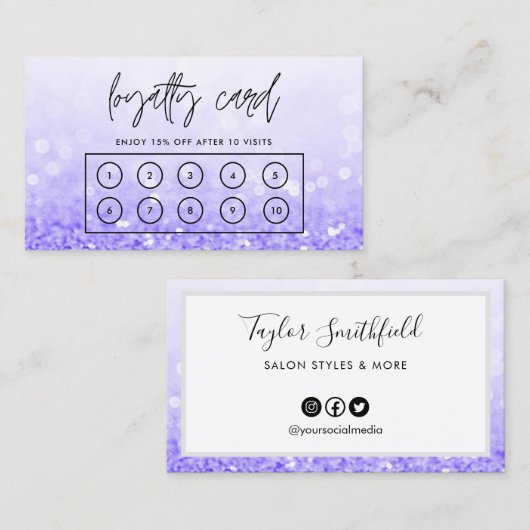 Paarse Faux Glitter Custom Loyalty Kaart Visitekaartje (Voorkant / Achterkant)