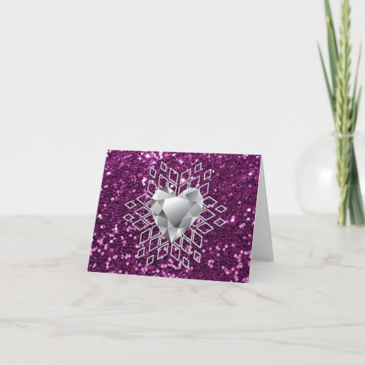 Paarse Faux Glitter Diamond Heart Snowflake Feestdagen Kaart (Voorkant)