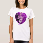 Paarse faux glitter hart Franse muziek Treble Clef T-shirt (Voorkant)