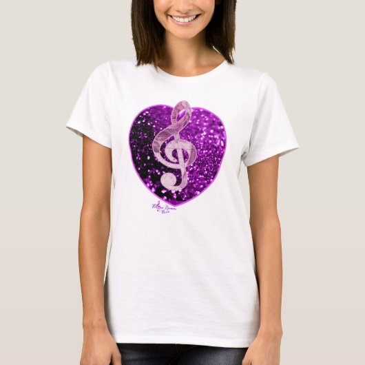 Paarse faux glitter hart Franse muziek Treble Clef T-shirt (Voorkant)