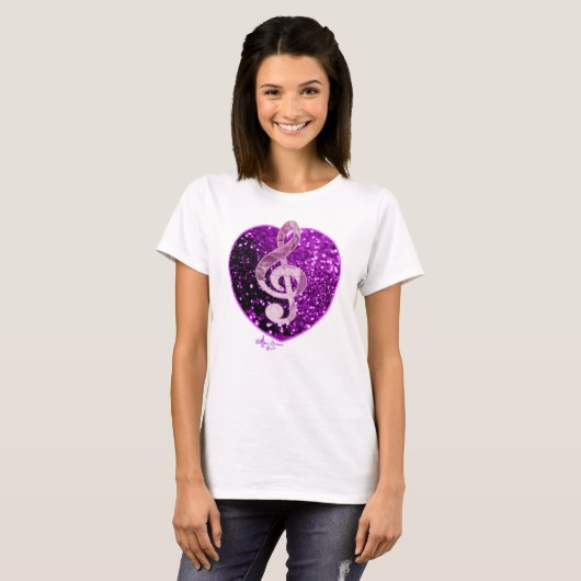 Paarse faux glitter hart Franse muziek Treble Clef T-shirt (Voorkant volledig)
