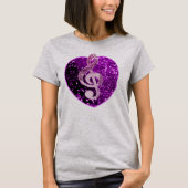 Paarse faux glitter hart Franse muziek Treble Clef T-shirt (Voorkant)