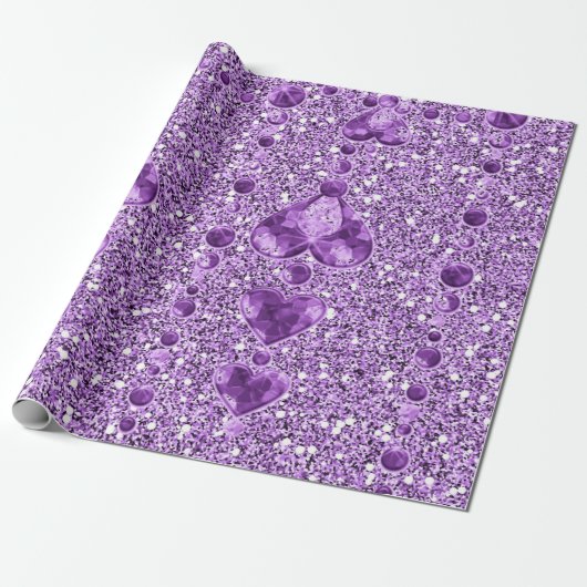 Paarse Faux Glitter & Heart Droplets Cadeaupapier (Uitgerold)