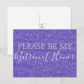 Paarse Faux Glitter Matron of Honor Voorstel Uitnodiging Briefkaart (Voorkant / Achterkant)