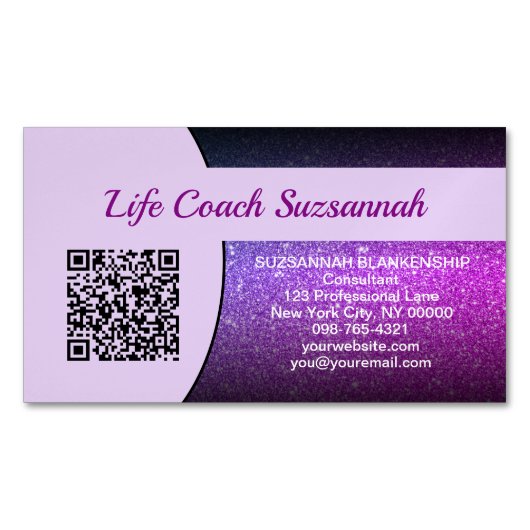 Paarse Faux Glitter QR Code Professional Magnetisch Visitekaartje (Voorkant)