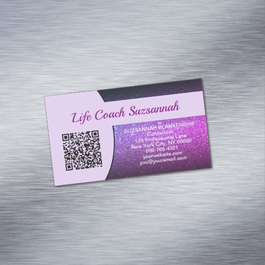 Paarse Faux Glitter QR Code Professional Magnetisch Visitekaartje (Voorbeeld)